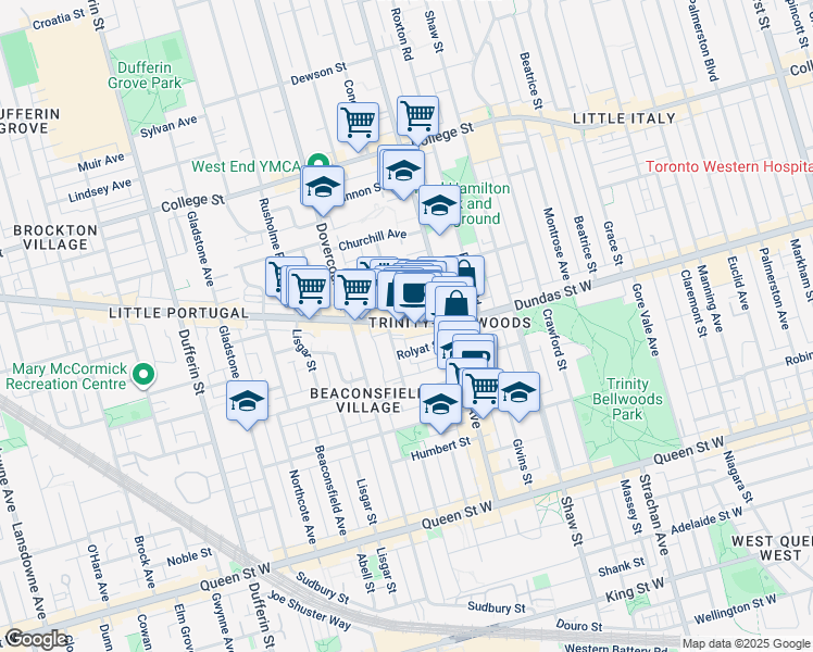 map of restaurants, bars, coffee shops, grocery stores, and more near 1201 Dundas Street West in Toronto
