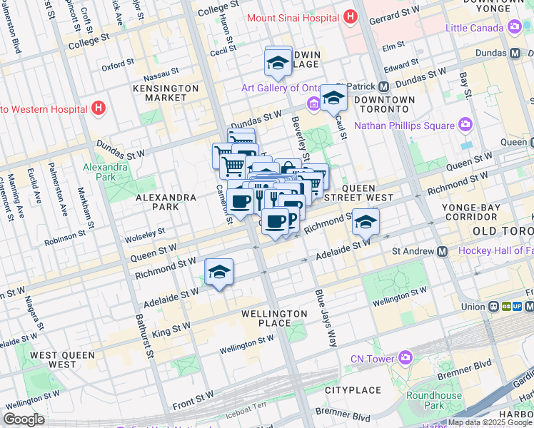 map of restaurants, bars, coffee shops, grocery stores, and more near 354 A Queen Street West in Toronto