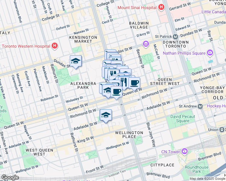 map of restaurants, bars, coffee shops, grocery stores, and more near 194 Spadina Avenue in Toronto
