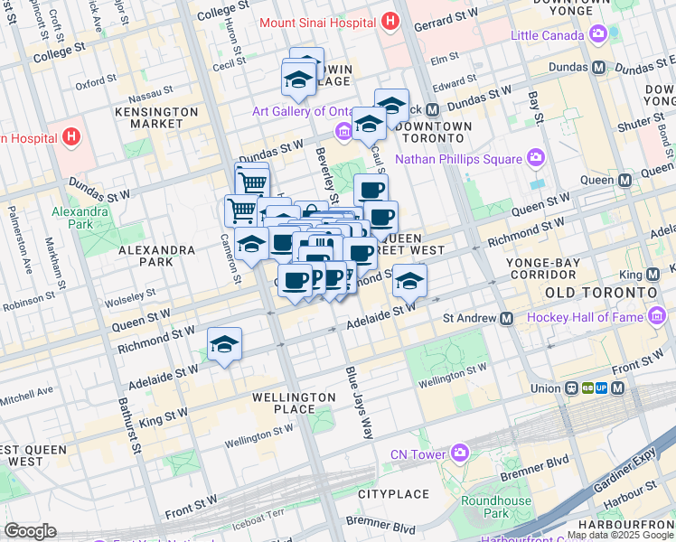 map of restaurants, bars, coffee shops, grocery stores, and more near 359 Queen Street West in Toronto