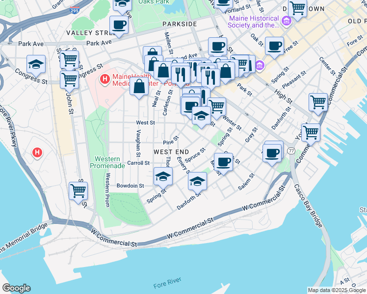 map of restaurants, bars, coffee shops, grocery stores, and more near 31 Cushman Street in Portland