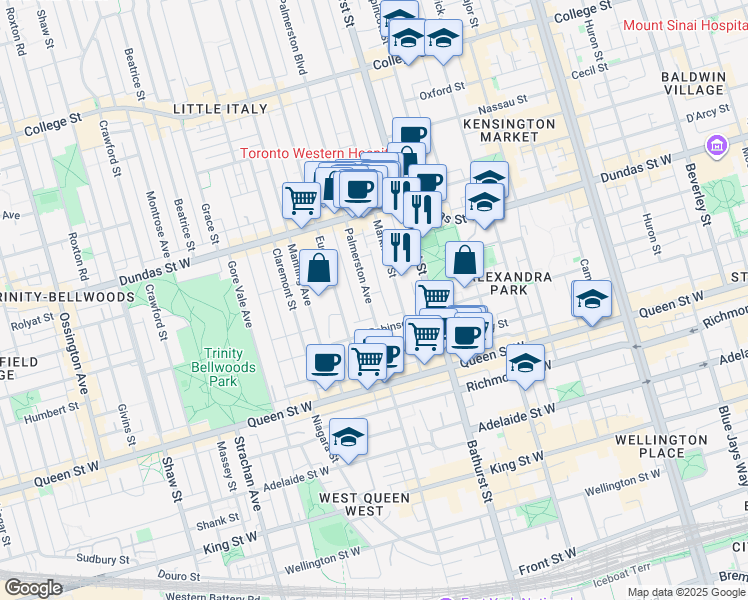 map of restaurants, bars, coffee shops, grocery stores, and more near 69 Palmerston Avenue in Toronto
