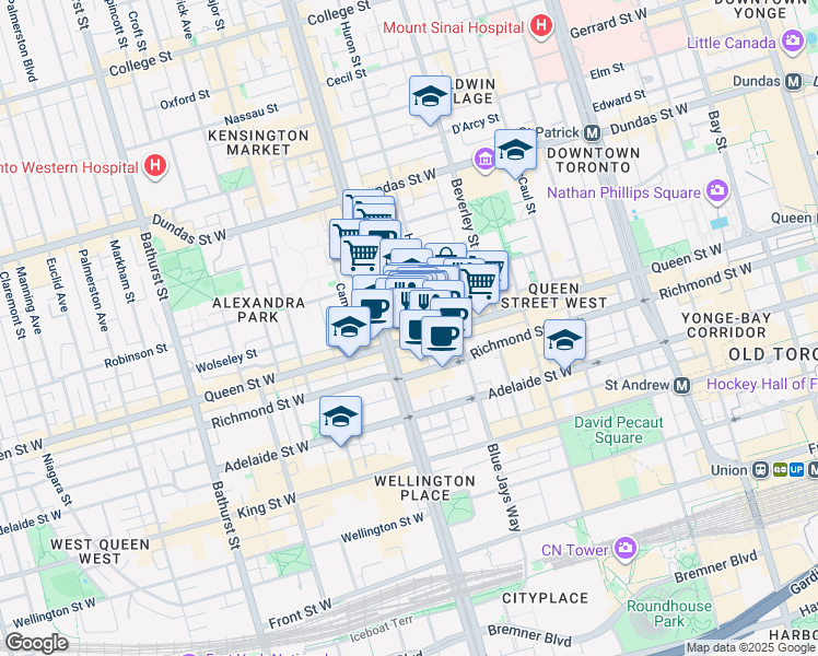 map of restaurants, bars, coffee shops, grocery stores, and more near 354 A Queen Street West in Toronto