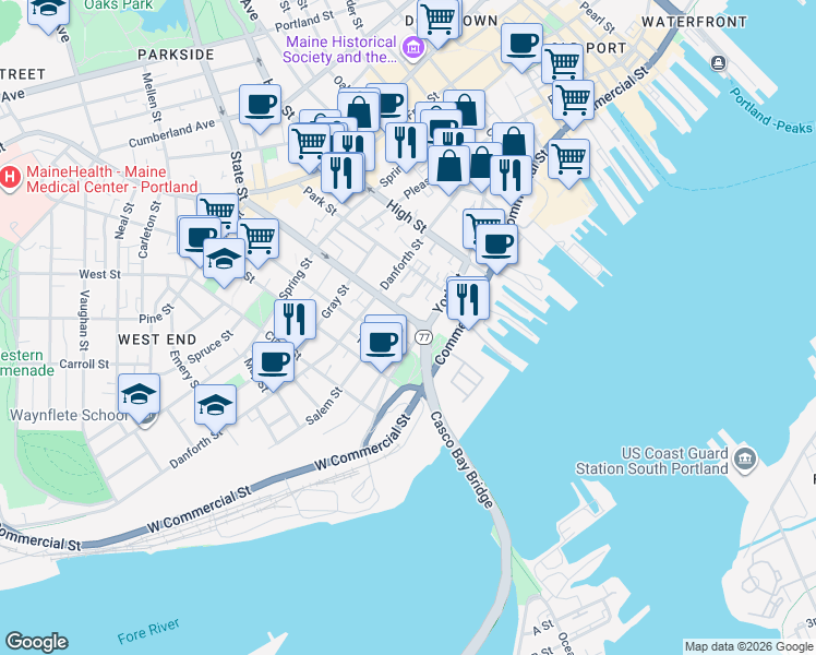 map of restaurants, bars, coffee shops, grocery stores, and more near 14 Stetson Court in Portland