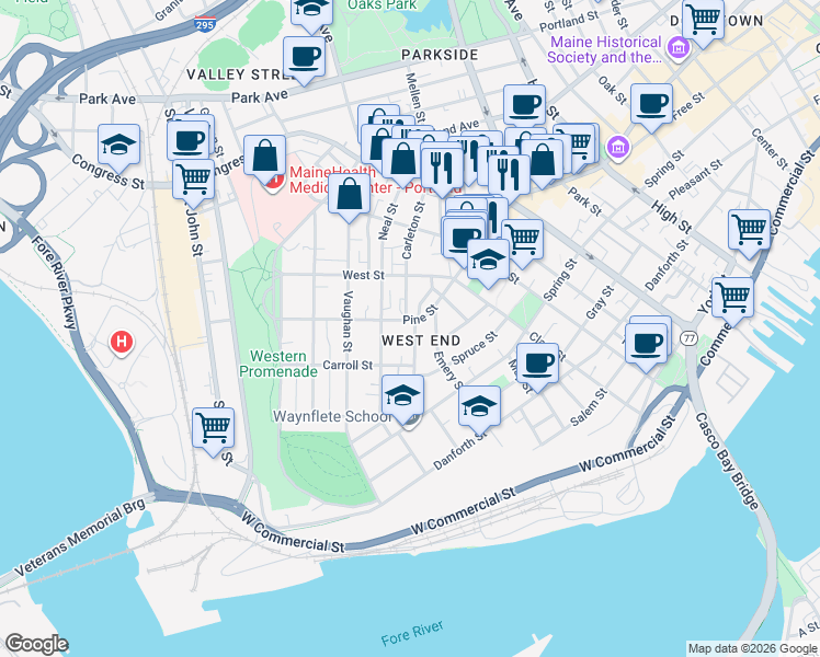 map of restaurants, bars, coffee shops, grocery stores, and more near 11 Carleton Street in Portland