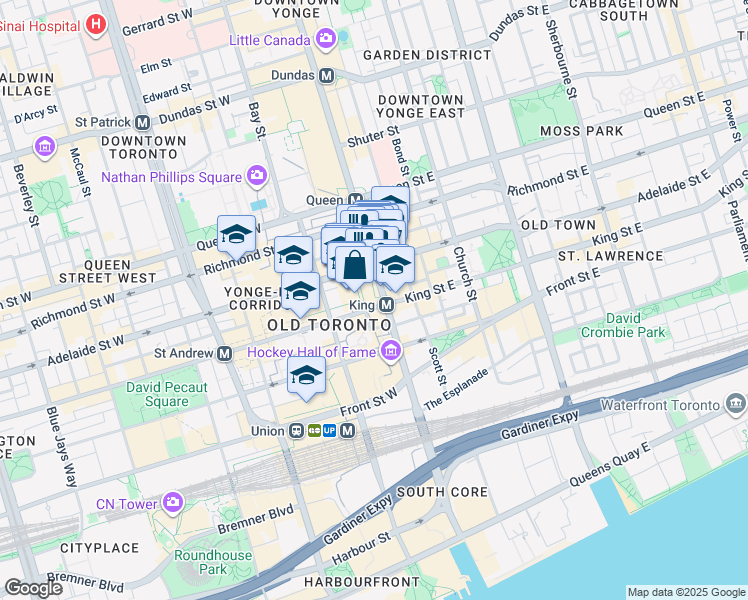 map of restaurants, bars, coffee shops, grocery stores, and more near 4 King Street West in Toronto