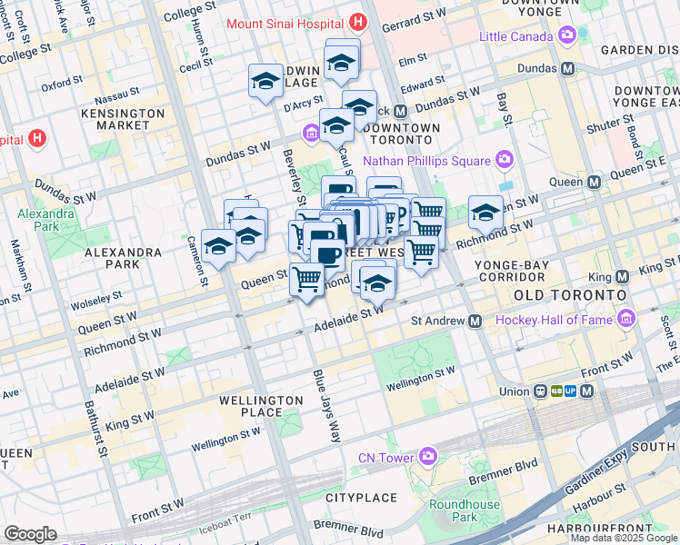 map of restaurants, bars, coffee shops, grocery stores, and more near in Toronto