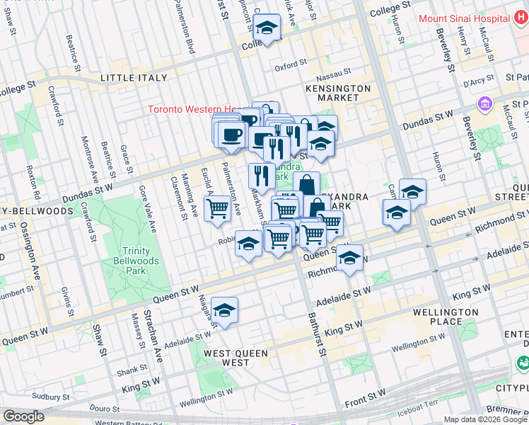 map of restaurants, bars, coffee shops, grocery stores, and more near 272 Bathurst Street in Toronto