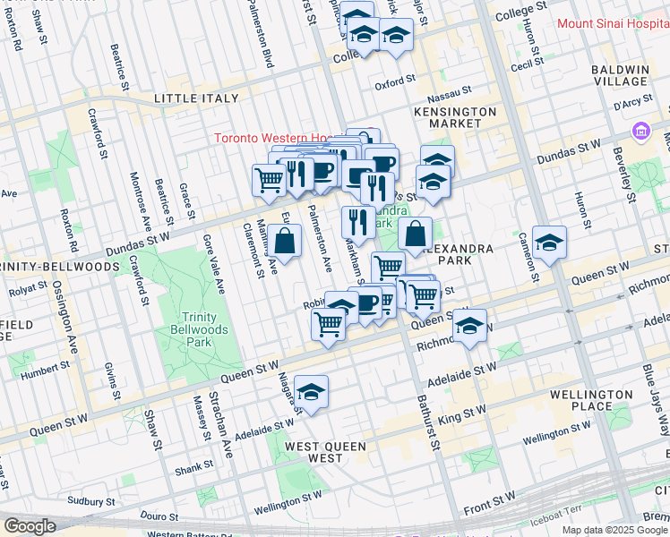 map of restaurants, bars, coffee shops, grocery stores, and more near 96 Markham Street in Toronto