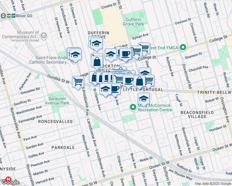 map of restaurants, bars, coffee shops, grocery stores, and more near 1597 Dundas Street West in Toronto