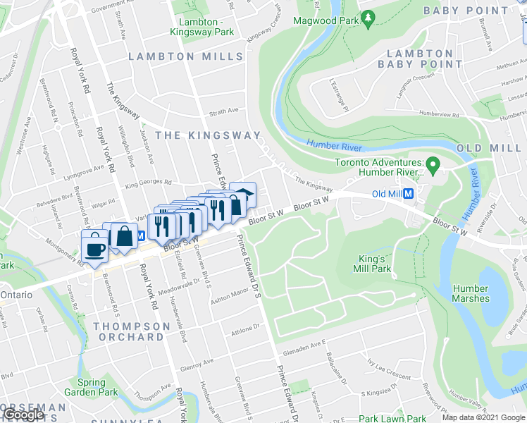 map of restaurants, bars, coffee shops, grocery stores, and more near in Toronto