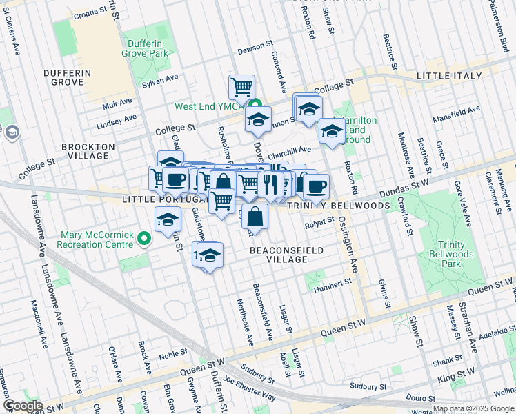 map of restaurants, bars, coffee shops, grocery stores, and more near 1305 Dundas Street West in Toronto