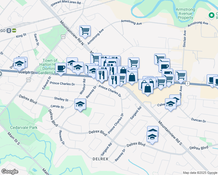 map of restaurants, bars, coffee shops, grocery stores, and more near 91 Prince Charles Drive in Halton Hills