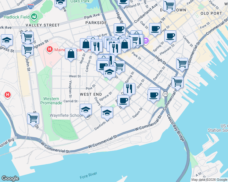map of restaurants, bars, coffee shops, grocery stores, and more near 162 Clark Street in Portland