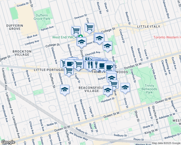 map of restaurants, bars, coffee shops, grocery stores, and more near 1255 Dundas Street West in Toronto