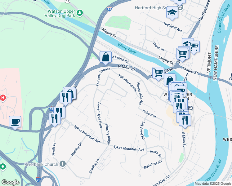map of restaurants, bars, coffee shops, grocery stores, and more near Templeton Avenue in Hartford