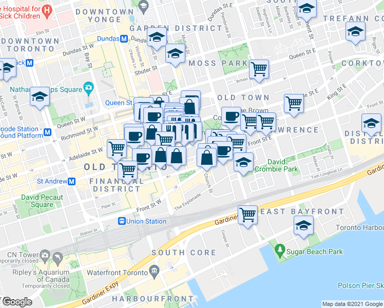 map of restaurants, bars, coffee shops, grocery stores, and more near 60 Colborne Street in Toronto