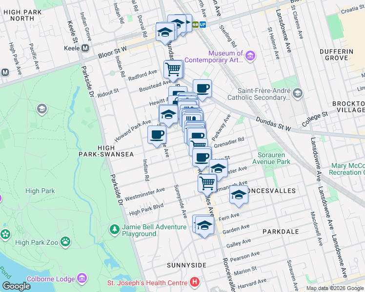 map of restaurants, bars, coffee shops, grocery stores, and more near 15 Constance Street in Toronto