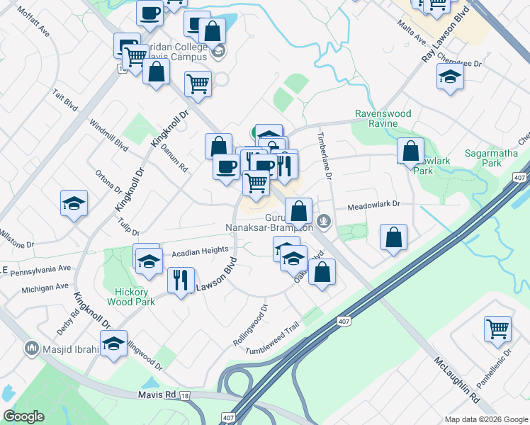 map of restaurants, bars, coffee shops, grocery stores, and more near 24 Fallen Oak Court in Brampton
