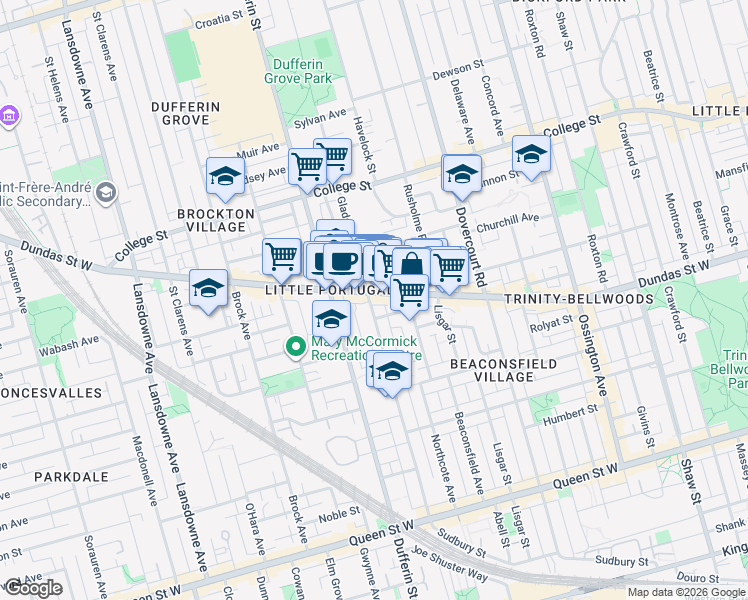 map of restaurants, bars, coffee shops, grocery stores, and more near 225 Gladstone Avenue in Toronto