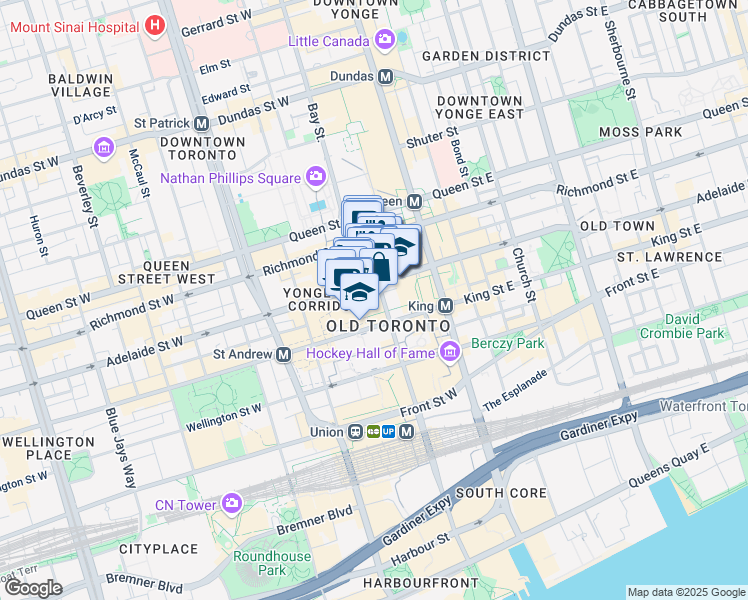 map of restaurants, bars, coffee shops, grocery stores, and more near 357 Bay Street in Toronto