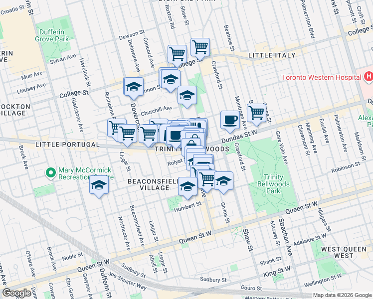 map of restaurants, bars, coffee shops, grocery stores, and more near 1153 Dundas Street West in Toronto
