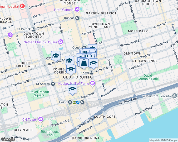 map of restaurants, bars, coffee shops, grocery stores, and more near 2 King Street West in Toronto