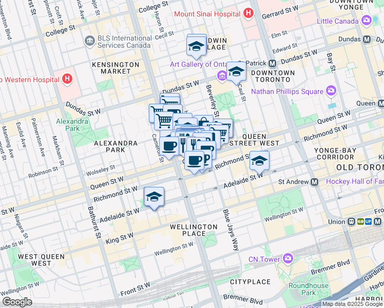map of restaurants, bars, coffee shops, grocery stores, and more near 354 A Queen Street West in Toronto