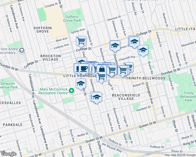 map of restaurants, bars, coffee shops, grocery stores, and more near 1393 Dundas Street West in Toronto