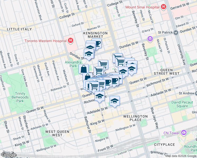 map of restaurants, bars, coffee shops, grocery stores, and more near 35 Denison Avenue in Toronto