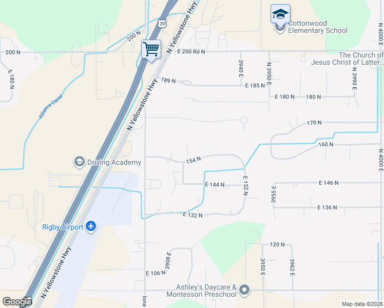 map of restaurants, bars, coffee shops, grocery stores, and more near 3923 East 154 North in Rigby