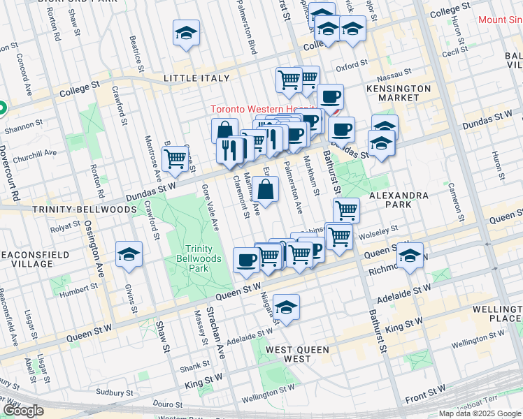 map of restaurants, bars, coffee shops, grocery stores, and more near 119 Manning Avenue in Toronto