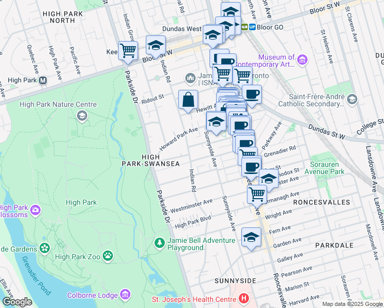 map of restaurants, bars, coffee shops, grocery stores, and more near 227 Indian Road in Toronto