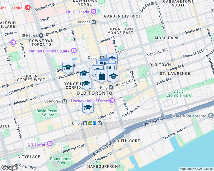 map of restaurants, bars, coffee shops, grocery stores, and more near 4 King Street West in Toronto