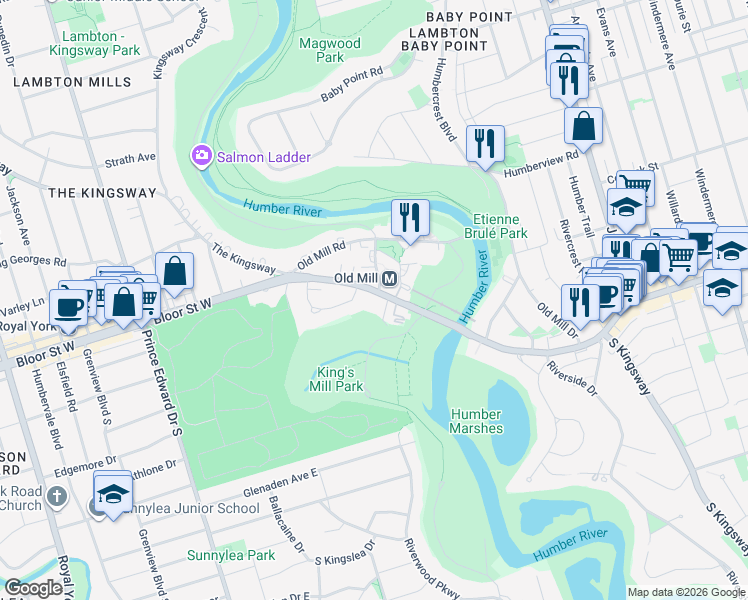 map of restaurants, bars, coffee shops, grocery stores, and more near 2655 Bloor Street West in Toronto