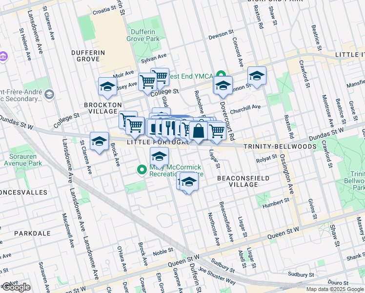 map of restaurants, bars, coffee shops, grocery stores, and more near 1421 Dundas Street West in Toronto