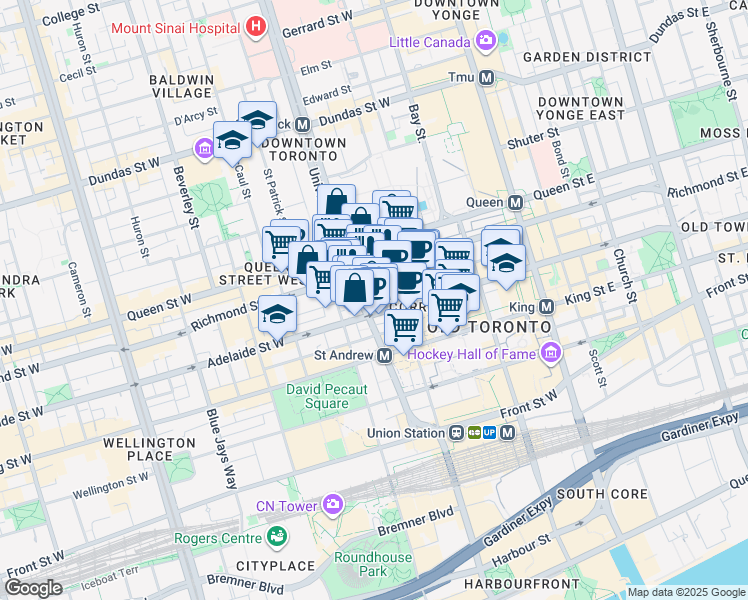 map of restaurants, bars, coffee shops, grocery stores, and more near 181 University Avenue in Toronto