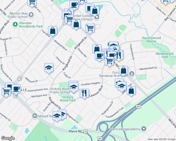map of restaurants, bars, coffee shops, grocery stores, and more near 5 Scarlett Drive in Brampton