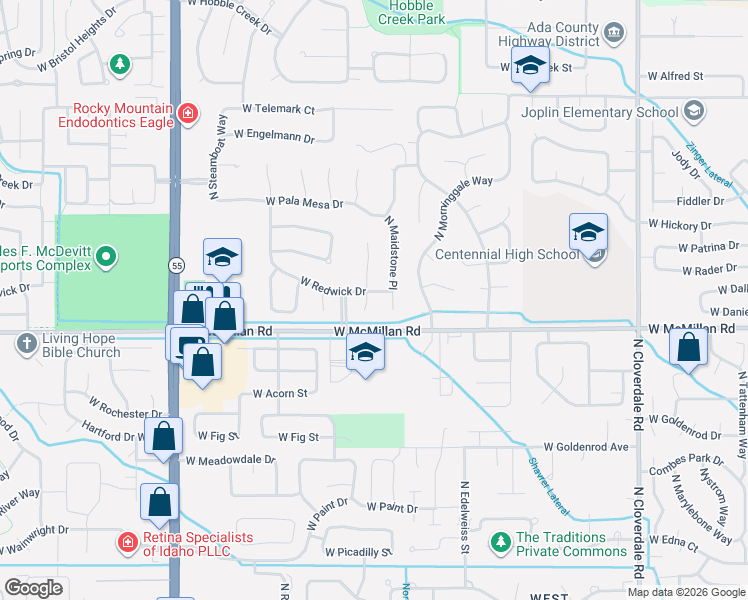 map of restaurants, bars, coffee shops, grocery stores, and more near 4994 North Lawsonia Place in Boise