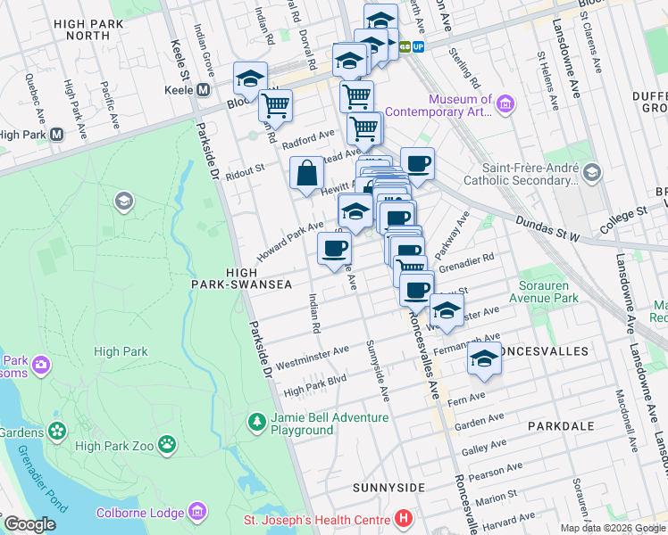 map of restaurants, bars, coffee shops, grocery stores, and more near 74 Constance Street in Toronto