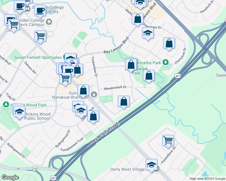 map of restaurants, bars, coffee shops, grocery stores, and more near 33 Meadowlark Drive in Brampton
