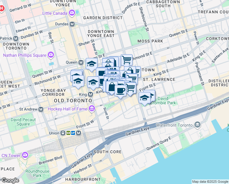 map of restaurants, bars, coffee shops, grocery stores, and more near 60 Colborne Street in Toronto