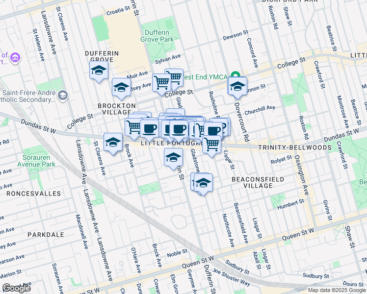 map of restaurants, bars, coffee shops, grocery stores, and more near in Toronto