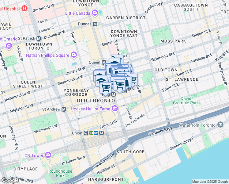 map of restaurants, bars, coffee shops, grocery stores, and more near 8 King Street East in Toronto