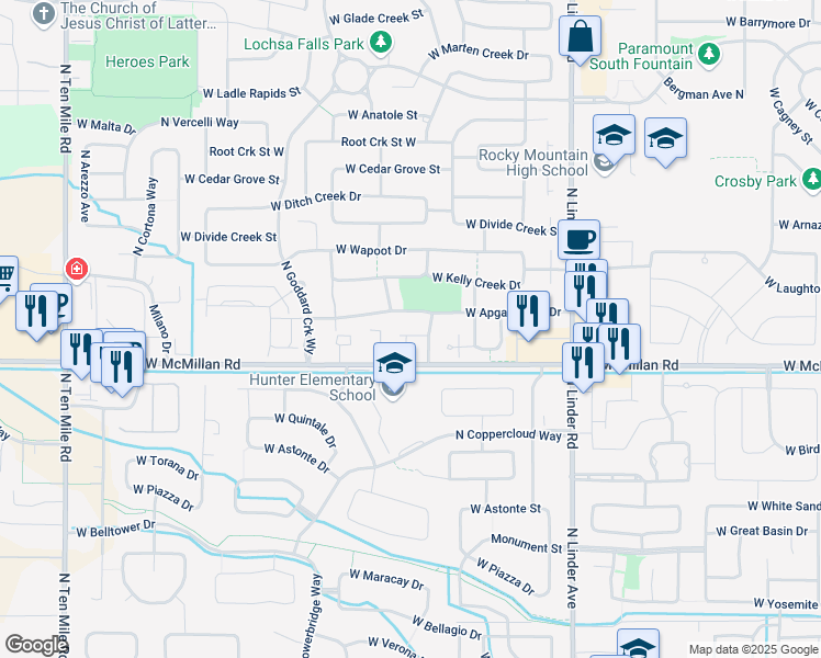 map of restaurants, bars, coffee shops, grocery stores, and more near 2128 West Sage Springs Court in Meridian