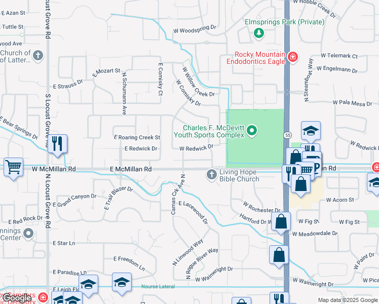 map of restaurants, bars, coffee shops, grocery stores, and more near 14453 West Redwick Drive in Boise