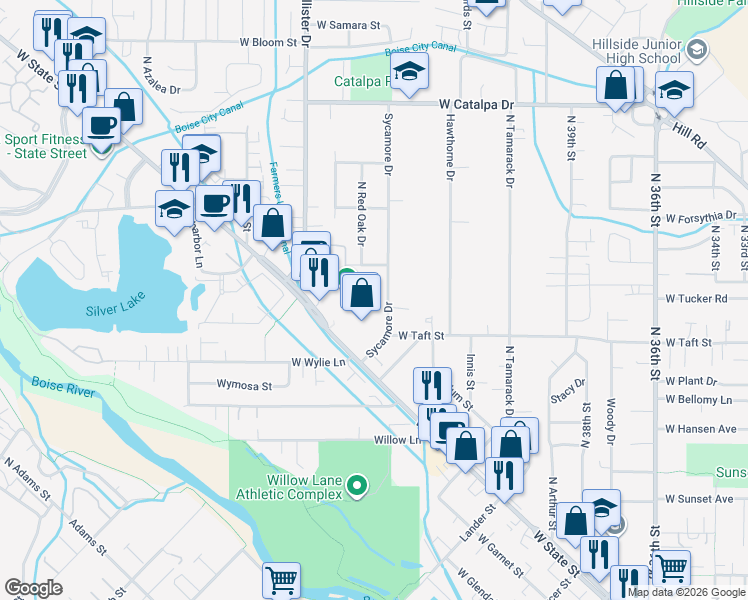 map of restaurants, bars, coffee shops, grocery stores, and more near 3115 Sycamore Drive in Boise