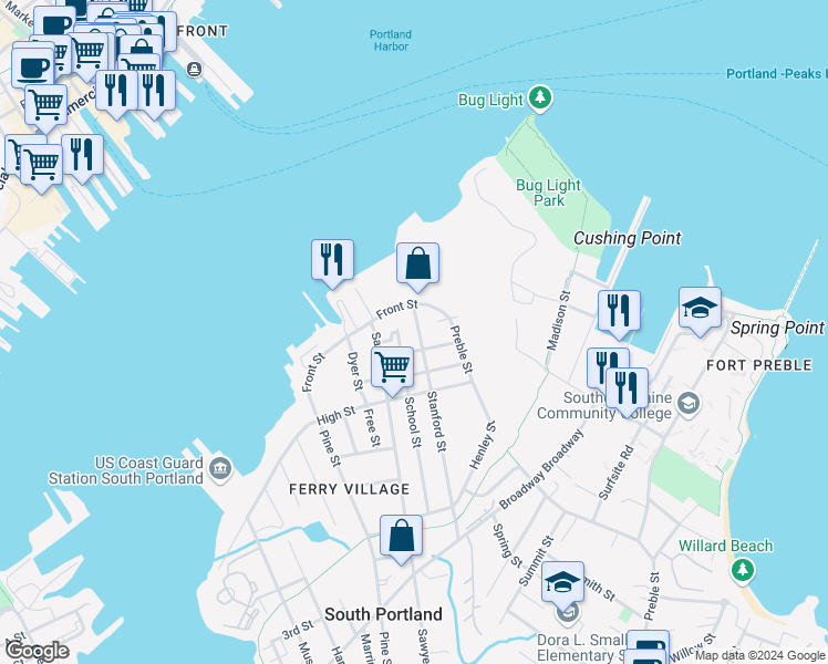 map of restaurants, bars, coffee shops, grocery stores, and more near 169 Front Street in South Portland