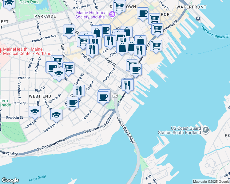 map of restaurants, bars, coffee shops, grocery stores, and more near 14 Stetson Court in Portland