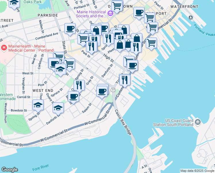 map of restaurants, bars, coffee shops, grocery stores, and more near 14 Stetson Court in Portland